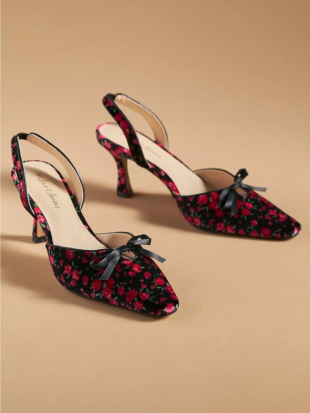 For Love & Lemons Lyana Floral Velvet Slingback Bow Heels
